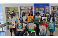 Seated from left to right: 3rd place Dana Gobin of School of the Nations; 1st place Angel Skeete of St. Joseph High; 2nd place Janae Smith of St. Joseph High, flanked by other participants