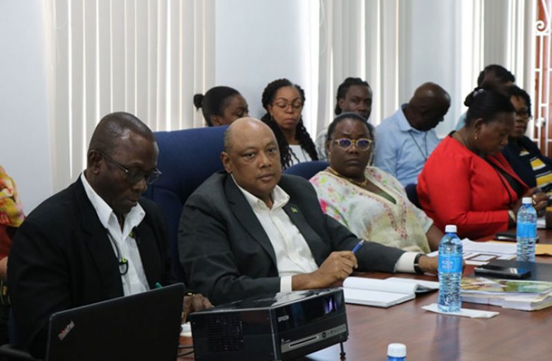 Minister of Natural Resources The  Hon. Raphael Trotman; Junior Minister of Natural Resources The Hon. Simona Broomes, along with other officers at the meeting