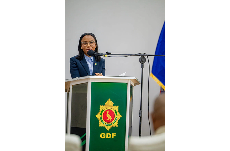 Minister of Home Affairs Oneidge Walrond delivering remarks at the NDI inaugural graduation ceremony