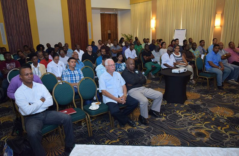A section of yesterday’s audience at Guyana’s first sports tourism seminar. Sitting from left (first row) are: AAG President, Aubrey Hutson, Sports Consultant Joseph ‘Reds’ Perreira and Director of General Tourism, Donald Sinclair. (Cullen Bess-Nelson photo)