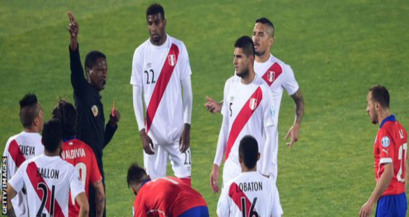 Zambrano's dismissal leaves Peru to play 70 minutes with 10 men.