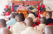 President Dr. Irfaan Ali addressing a gathering of service men and women on Wednesday (Delano Williams photo)