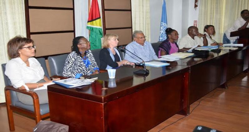 Minister of Education Dr. Rupert Roopnaraine (centre) with officials of the
 ministry and representatives of UNICEF and UNFPA at the National Youth Policy working session