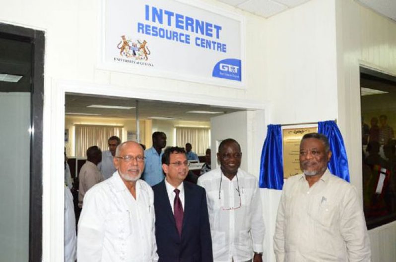 President Donald Ramotar, GT&T CEO RK Sharma, UG Vice Chancellor Prof. Jacob Opadeyi and Prime Minister Samuel Hinds at the Internet Resource Centre of the University of Guyana