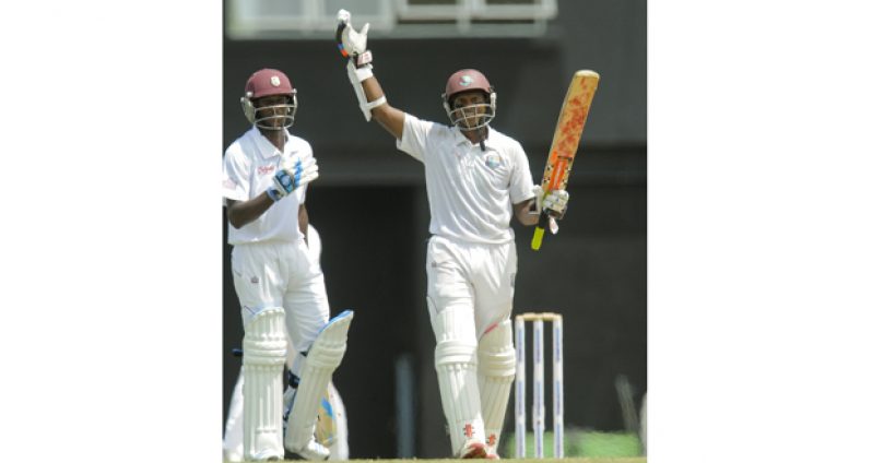Shivnarine Chanderpaul celebrates his 30th Test century at Beausejour Cricket Ground in St Lucia, yesterday. (WICB Media Photo/Randy Brooks)