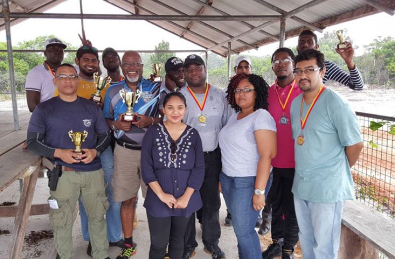 Participants at last Sunday’s Guyana NRA Smallbore practical shoot pose with their trophies and medals.