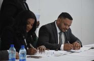 Minister of Natural Resources Vickram Bharrat (right) and CEO of Cybele ENergy Limited, Beatrice Mensah Tayui during the signing of the agreement (Sachin Persaud photos)