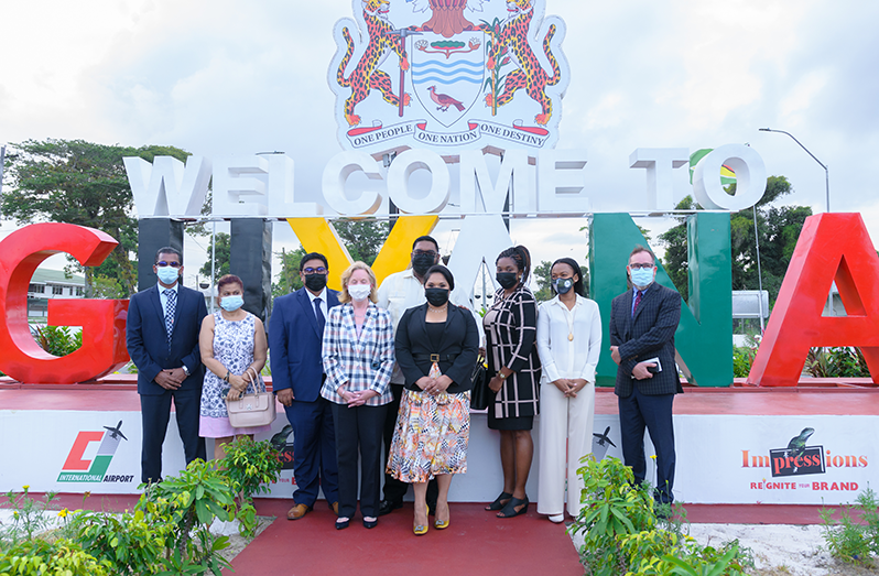 First Lady Arya Ali (fourth right) and her husband, President Dr. Irfaan Ali (immediately behind her) with other dignitaries at the launch on Tuesday (Delano Williams photos)
