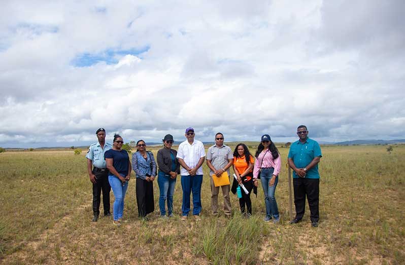 Minister of Health, Dr Frank Anthony and a team from the Ministry of Health during a recent visit, standing at the site where the new hospital is expected to be constructed at Kato, Region Eight (Ministry of Health photo)