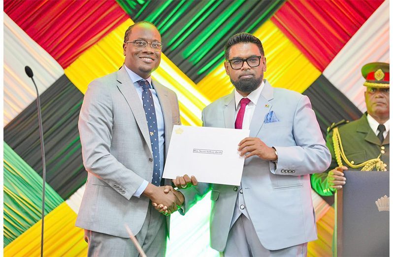 Minister within the Ministry of Culture, Youth and Sport, Steven Jacobs with President Dr. Irfaan Ali during his swearing in ceremony for the new cabinet