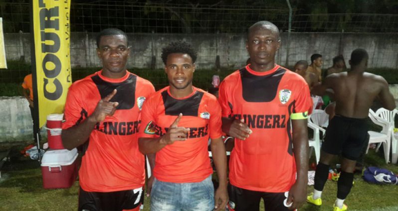 Slingerz FC’s goal scorers – (From L-R) Dwain Jacobs, Vurlon Mills and Tichard Joseph