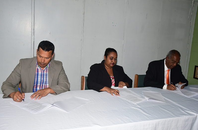 From left: Presidential Candidate of the LJP, Lenox Shuman; Presidential Candidate of TNM, Dr. Asha Kissoon; and Presidential Candidate of ANUG, Ralph Ramkarran, signed the MoU to contest the General and Regional Elections (Adrian Narine photo)