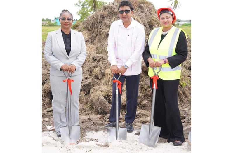 From left to right : Attorney General and Minister of Legal Affairs, Anil Nandlall, S.C., Chancellor of Judiciary (ag) Yonette Cummings and Principal Magistrate Judy Latchman at the sod turning ceremony for the new court at Friendship, East Bank Demerara