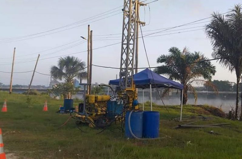 Soil-testing machinery at the proposed site for the new Mackenzie/Wismar  Bridge