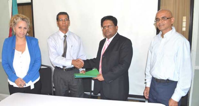 In photo are, from left,  IDB Country Representative Sophie Makonnen, Mr. John Tracey, Chief Executive Office of GBTI, Minister of Finance Dr. Ashni Singh, Vice President and Executive Director of Conservation International-Guyana Dr. David Singh.