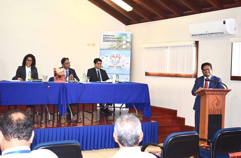 Senior Minister in the Office of the President with Responsibility for Finance, Dr. Ashni Singh speaking at inaugural Annual General Meeting (AGM) of the Guyana/Canada Chamber of Commerce at the Guyana Bank for Trade and Industry’s (GBTI’s) Recreational Centre, Bel Air Park on Tuesday