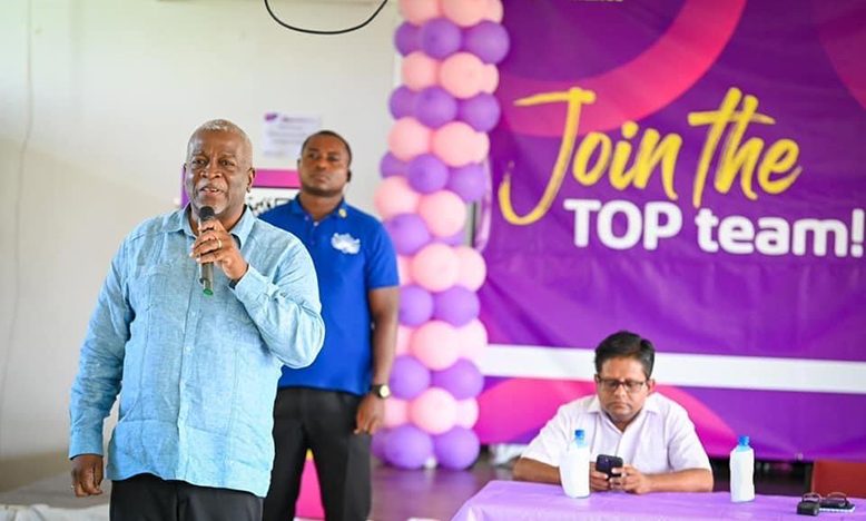 Prime Minister Brigadier (ret’d), Mark Phillips addressing potential applicants at the Teleperformance Job Fair at Tain Berbice Campus on Saturday 