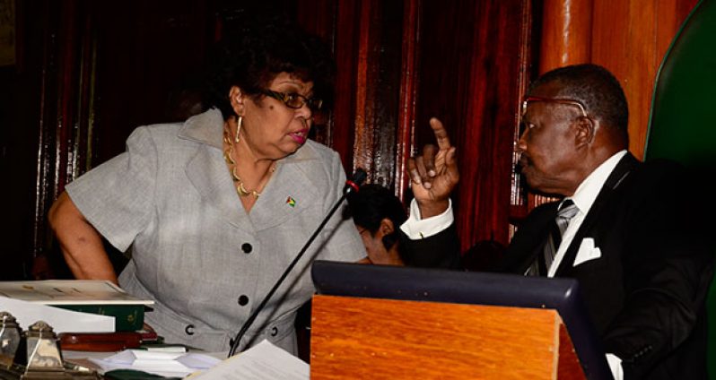 Government’s Chief Whip Amna Ally speaks with Speaker of the National Assembly, Dr Barton Scotland, during Wednesday’s sitting of the National Assembly.
