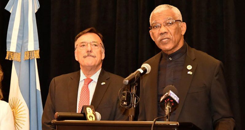 President David Granger delivering his speech at the reception to mark the Bicentennial Independence Anniversary of the Argentine Republic at the Marriott Hotel, Georgetown 