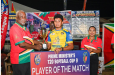 Player of the match Ameer Mohamed receives his award from Prime Minister Brigadier (Ret’d) Mark Phillips in the presence of GSCL Secretary, Telesha Ousman