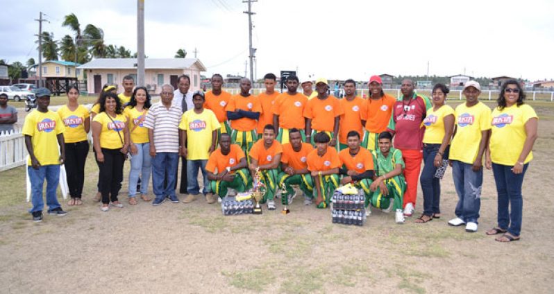 The winning RHT Gizmos and Gadgets team pose with the Busta sponsors after Sunday’s match