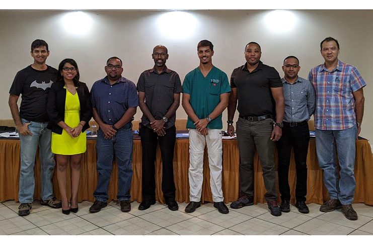 The newly elected Board of Directors of the GSSF 2020-2022. From left, Imam Baksh, Vidushi Persaud-McKinnon, David Dharry, Ryan McKinnon, Dr Pravesh Harry, Dallas Thomas, Ray Beharry and Andrew Phang. Missing from photo is Captain Gary Sahai.