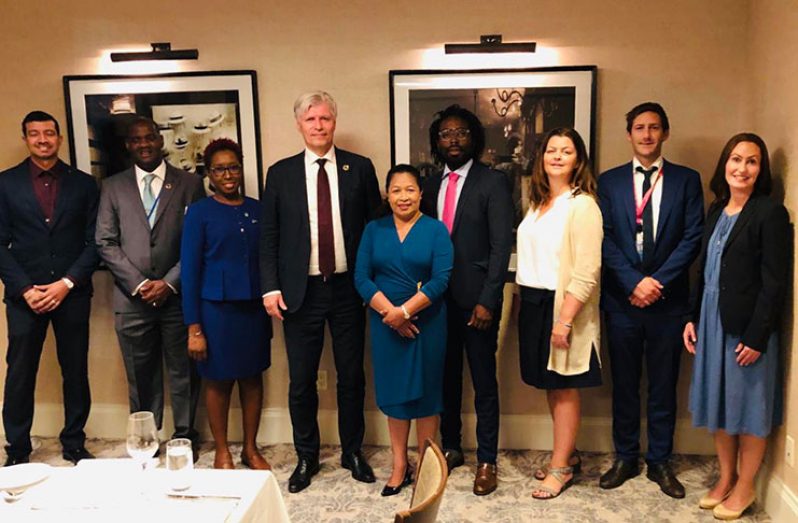 Both teams after fruitful discussions on the Guyana-Norway partnership.  Fifth and sixth from right are Minister Hastings-Williams and Minister Elvestuen. From left Mr. Nikolaus Oudkerk, Coordinator of the Project Management Office (PMO); Ambassador Troy Torrington; Head Office of Climate Change Guyana, Ms. Janelle Christian; Dr. Marlon Bristol, Head of PMO; Ms. Vedis Vik, Senior Advisor Nicfi; Mr. Andreas Dahl-Jorgensen, Director of Nicfi; Ms. Ragnhild Eikenes, Nicfi’s Communication Adviser.