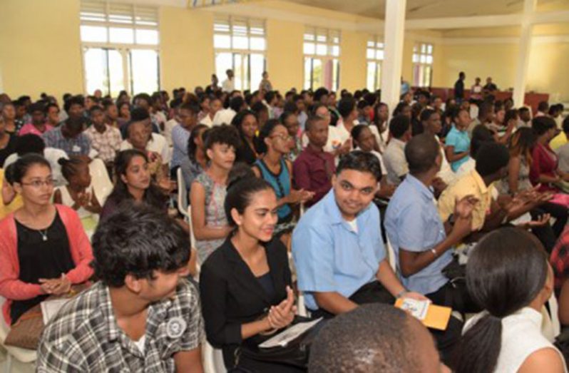 A section of the recipients of the 2017/2018 University of Guyana and Guyana School of Agriculture scholarships from the Government, at the orientation exercise hosted in the library of the Cyril Potter College of Education