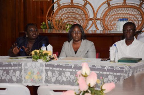 Director of the Mental Health Unit, MoPH, Dr. Util Thomas, Minister within the Ministry of Public Health, Dr. Karen Cummings and Regional Executive Officer (REO), Region Two, Rupert Hopkinson meeting with representatives of Non-Governmental Organisations and the Ministry of Social Protection