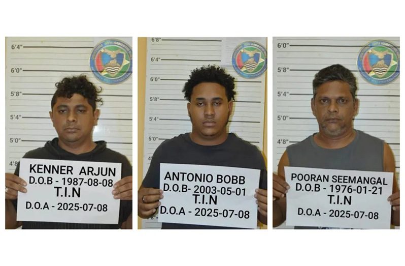 The three men who were charged following the discovery of foreign marijuana at two West Coast Demerara locations (CANU photos)