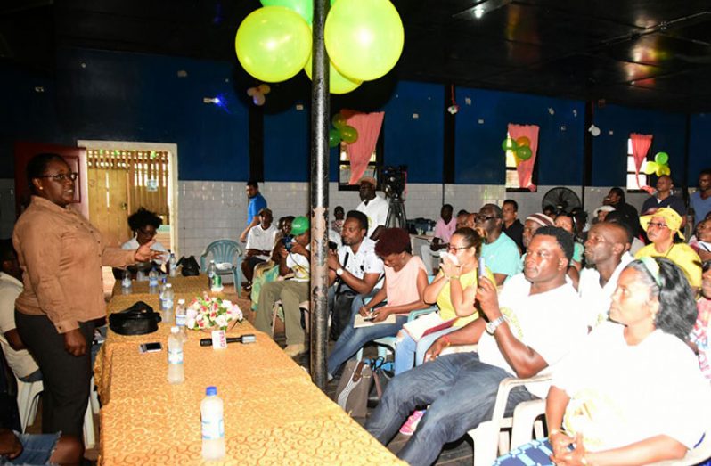 Minister within the Ministry of Natural Resources, Simona Broomes, makes a point to miners in Mahdia on Sunday during an informative session on syndicates
Garfield Wint: Small miner Garfield Wint makes a point during a mining meeting held at Mahdia, Region Eight on Sunday