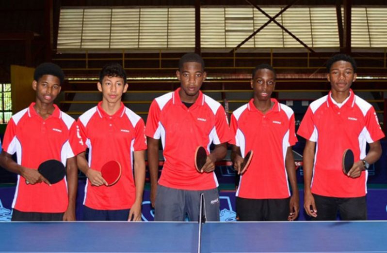 Guyana team at last year’s Caribbean Junior and Cadet Table Tennis Championships, from left: Elishaba Johnson, Miguel Wong, Shemar Britton, Nickolus Romain and Kyle Edghill