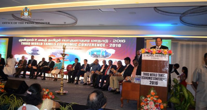 Prime Minister Moses Nagamootoo addressing the 3rd World Tamils Economic Conference in Chennai, Tamil Nadu, India on Sunday (Office of the Prime Minister photo)