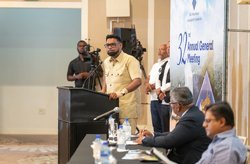 President Ali during his address to members of Guyana’s Private Sector Commission