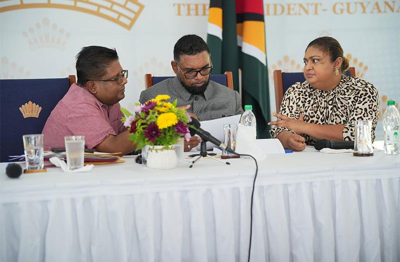 A consultation meeting was on Monday held with Headteachers and their deputies. President Ali (centre), Finance Minister Dr. Ashni Singh, and Education Minister Priya Manickchand were among officials in attendance to listen to the concerns of teachers (Office of the President Photos)