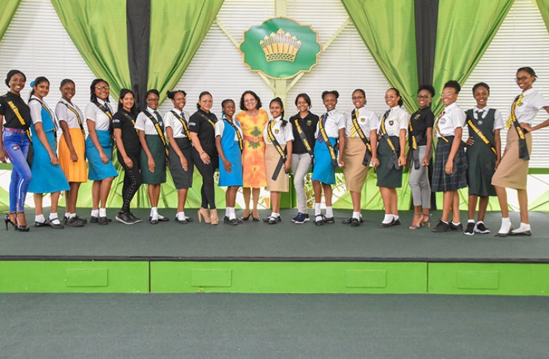 First Lady, Mrs. Sandra Granger (centre) with the 18 delegates of the Miss Guyana Teen Scholarship Pageant. Ten of them will compete in the final, which will be held at the National Cultural Centre on Saturday