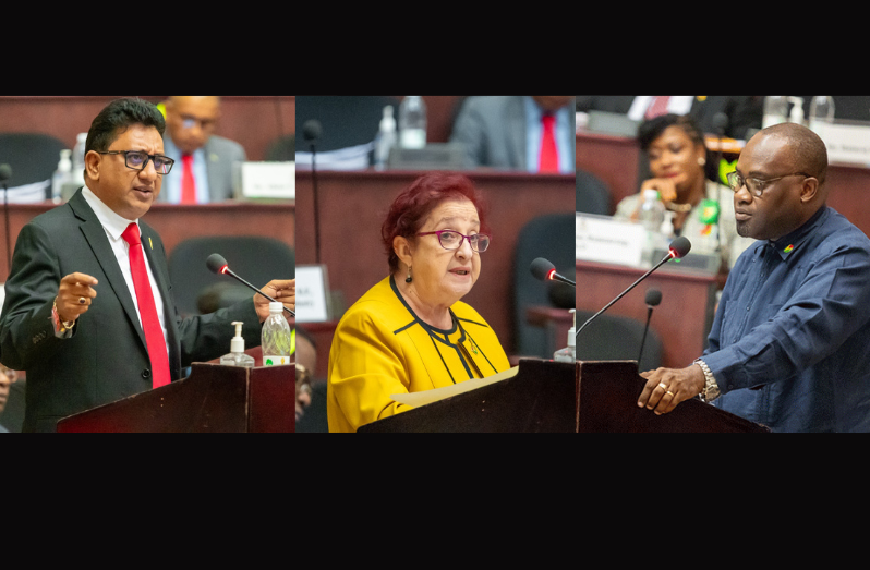 From left : Attorney-General Anil Nandlall, Minister of Parliamentary Affairs and Governance, Gail Teixeira and Opposition member Roysdale Forde (Delano Williams photos)