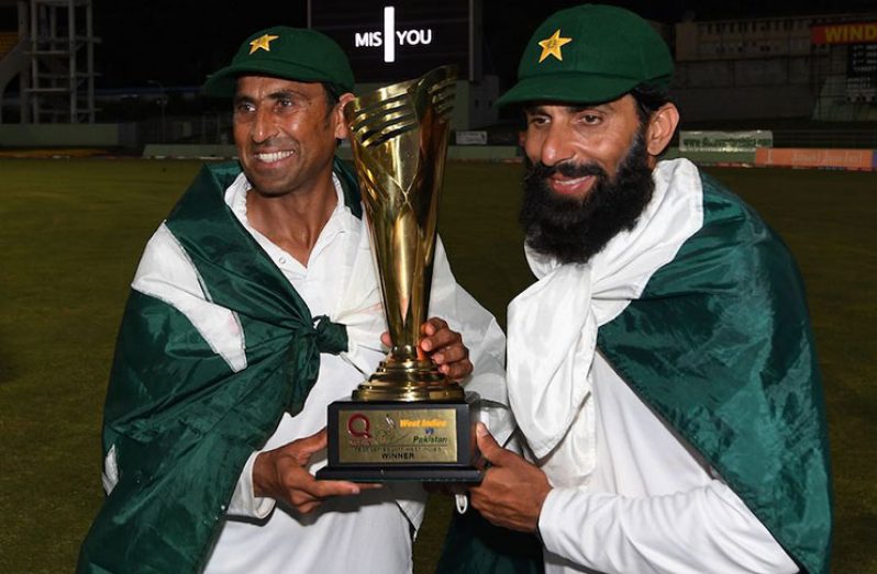 Misbah-ul-Haq and Younis Khan sign off after the third and final Test in Dominica last Sunday. (AFP photo),