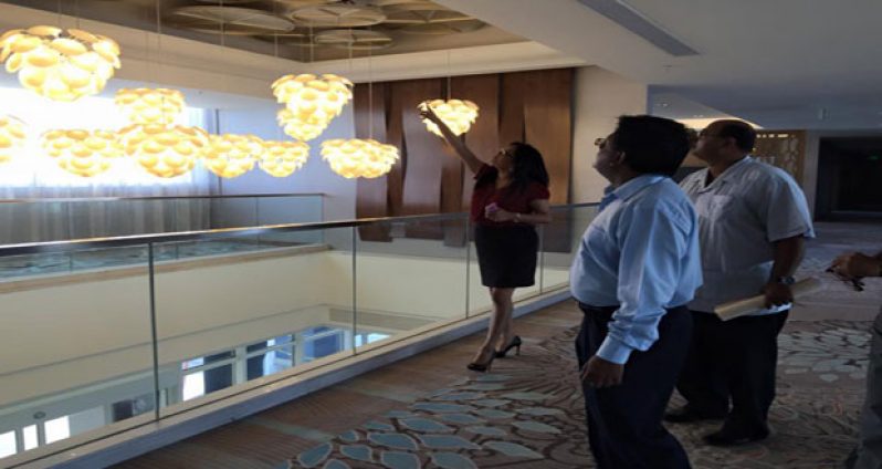 Minister of Finance, Dr Ashni Singh along with NICIL’s Executive Director, Winston Brassington and Deputy Marcia Nadir-Sharma during a tour of the Marriott Hotel