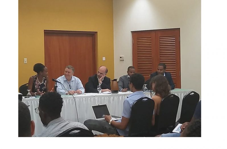 From left: Dr. Jan Yves Remy (SRC Deputy Director); Dr. Ernesto Stein (Principal Technical Leader, Research Department, IDB); Dr. Mauricio Mesquita Moreira (Principal Economic Advisor of the Integration and Trade Sector of the IDB); Dr. Justin Ram (Director of Economics, Caribbean Development Bank) and Dr. Antonio Alleyne (Temporary Lecturer, Department of Economics, UWI)