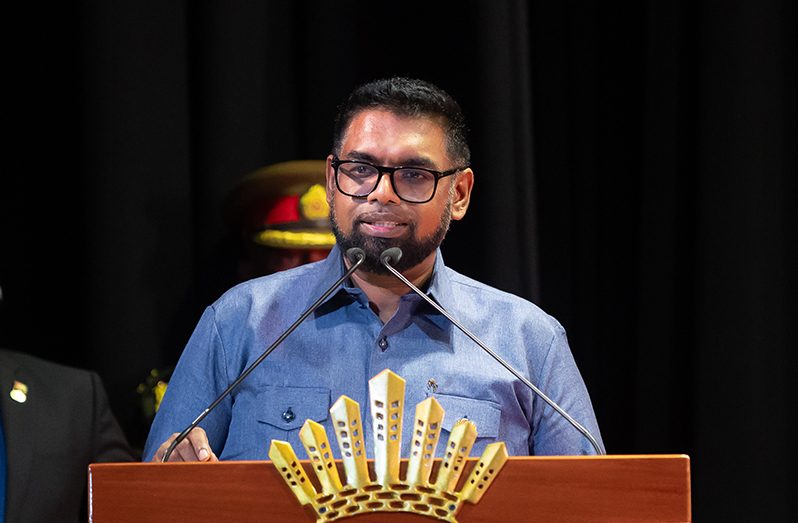 President, Dr Irfaan Ali during his address at the opening ceremony of the 46th Regular Meeting of the Conference of CARICOM Heads of Government held at the National Cultural Centre (Delano Williams photo)