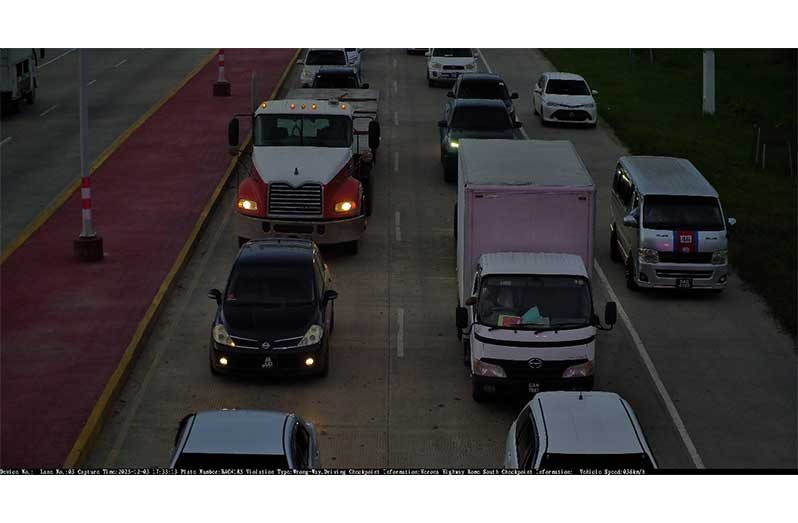 SRIS cameras capture multiple vehicles using the restricted inside lane to bypass traffic, one of the unsafe third-lane behaviours now automatically flagged for enforcement under the upgraded Safe Road Intelligence System