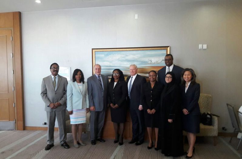 AG, Basil Williams (first left), with Chancellor of the Judiciary, Yonette Cummings-Edwards; Chief Justice, Roxanne George-Wiltshire;  DPP, Shalimar-Ali-Hack and some of the facilitators at the Marriott Hotel on Thursday