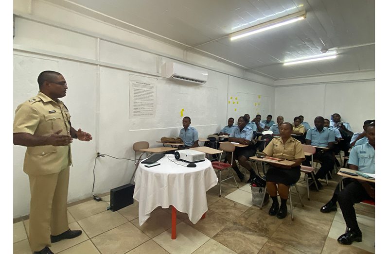 Region Six Commander, Shivpersaud Bacchus engaging his ranks before the commencement of the training on Monday