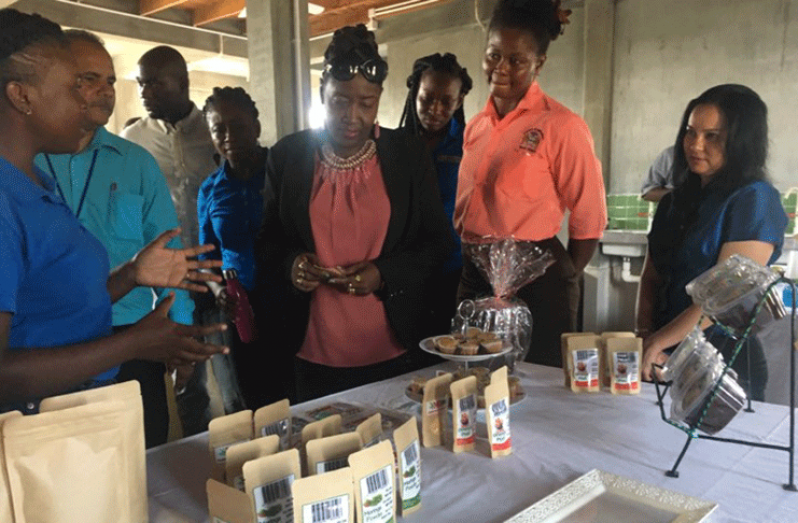 An agro-processor explains her products to Minister within the Ministry of Agriculture Valerie Adams-Yearwood and others at the Skills-Training Resource Centre