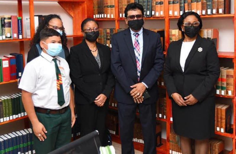 From left to right: Chancellor of the Judiciary, Justice Yonette Cummings-Edwards; Attorney-General, Anil Nandlall, SC; acting Chief Justice, Roxane George and others in the newly-commissioned court library (Department of Public Information photo)