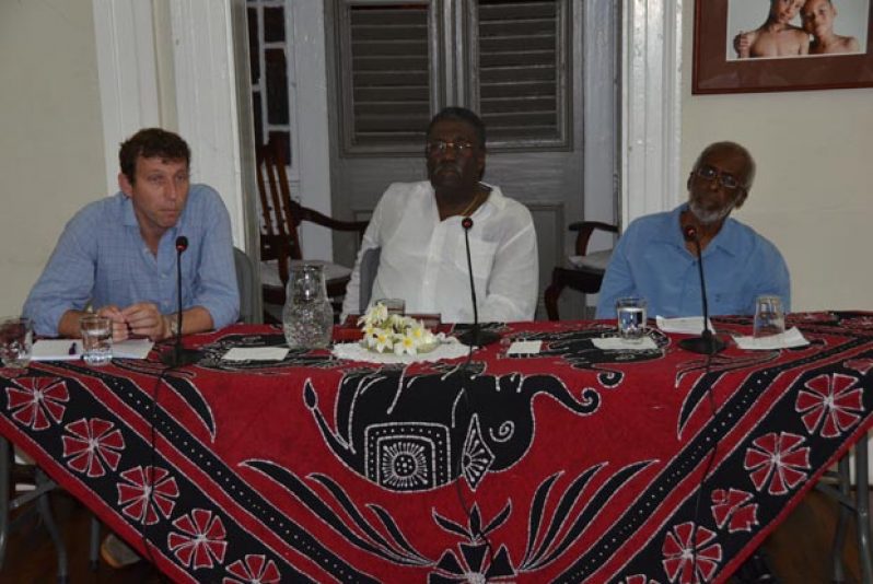 From left, Former England skipper and opening batsman Michael Atherton, former Guyana and West Indies skipper Clive Lloyd and local historian Dr Winston McGowan field questions.