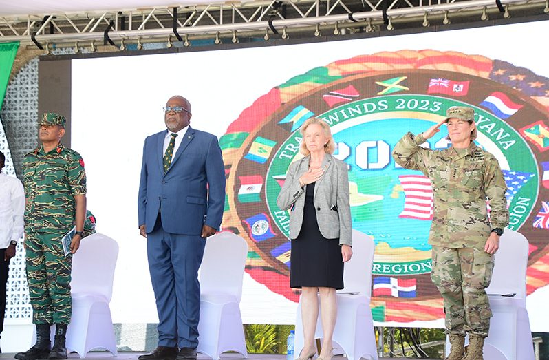 :Guyana’s Chief of Staff, Brigadier Omar Khan; Prime Minister Brigadier (Ret’d) Mark Philips; United States Ambassador to Guyana Sarah-Ann Lynch; and the General and Commander Laura J. Richardson of United States Southern Command (Adrian Narine photos)