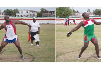 In this composite photograph from Leeron Brumell, GPF’s Julio Sinclair (left) gets ready to make what was deemed the winning throw, until he was upstaged by eventual champion Troy Lewis (right).
