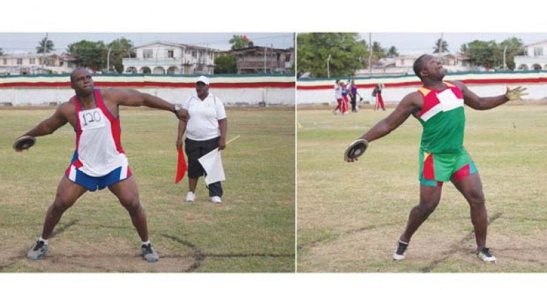 In this composite photograph from Leeron Brumell, GPF’s Julio Sinclair (left) gets ready to make what was deemed the winning throw, until he was upstaged by eventual champion Troy Lewis (right).